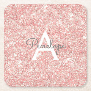 Girly Roos Gold Pink Glitter Sparkle Monogram Kartonnen Onderzetters