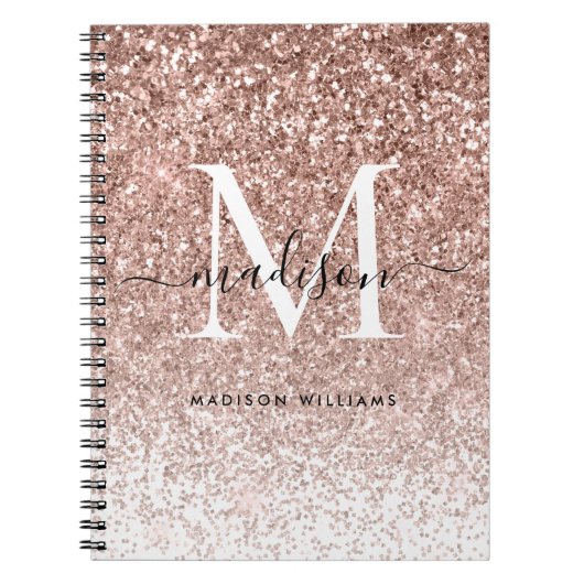 Girly Roos Gold Pink Glitter Sparkle Monogram Notitieboek (Voorkant)