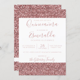 Girly Roos Gold Pink Sparkle Quinceanera Kaart