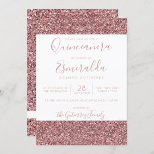 Girly Roos Gold Pink Sparkle Quinceanera Kaart