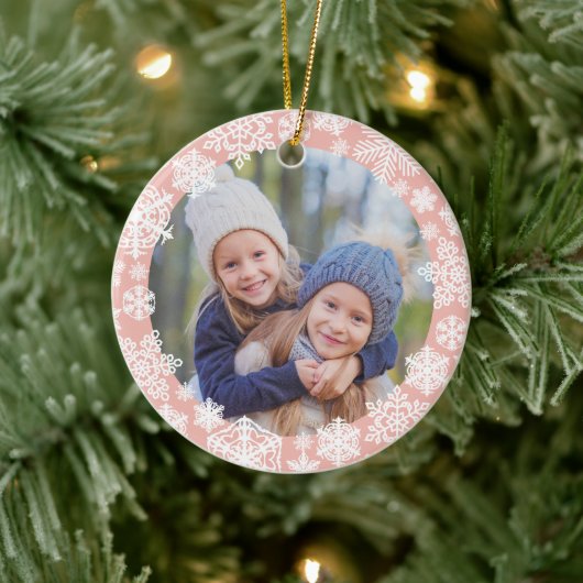 Girly Roos Gold Snowflake Merry and Bright Photo Keramisch Ornament (Boom)