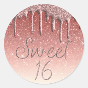 Girly Roos Gold Sweet 16 Verjaardag Glitter Drip Ronde Sticker
