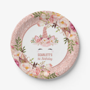 Girly Roos Gold Unicorn / Waterverf Roos Floral Papieren Bordje