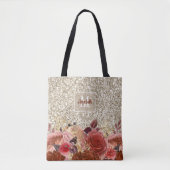 Girly Roos Goud Bloemen Monogram Licht Goud Glitte Tote Bag (Voorkant)