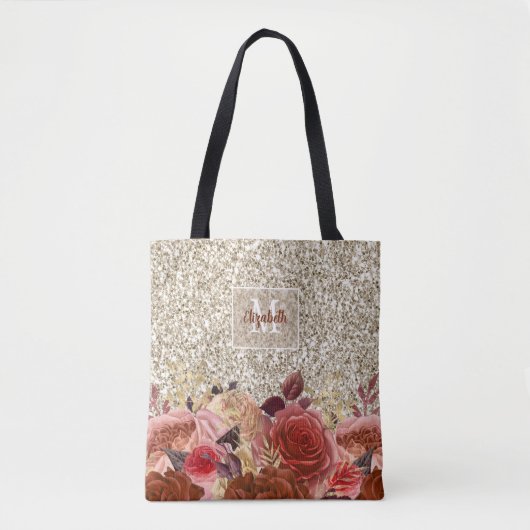 Girly Roos Goud Bloemen Monogram Licht Goud Glitte Tote Bag (Voorkant)