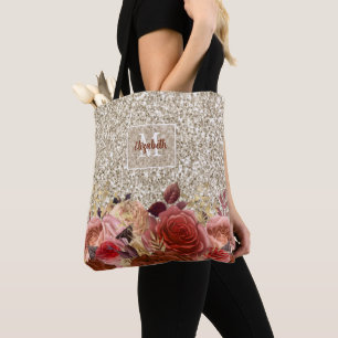 Girly Roos Goud Bloemen Monogram Licht Goud Glitte Tote Bag