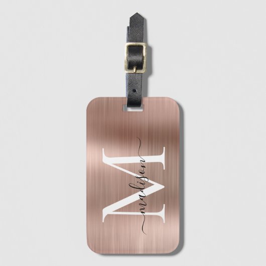 Girly Roos Goud Geborsteld Metalen Monogram Script Bagagelabel (Voorkant (verticaal))