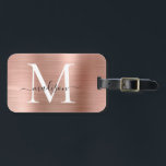 Girly Roos Goud Geborsteld Metalen Monogram Script Bagagelabel<br><div class="desc">Roze Rose Goud Geborsteld Metalen Script Monogram Schattige Tas Label</div>