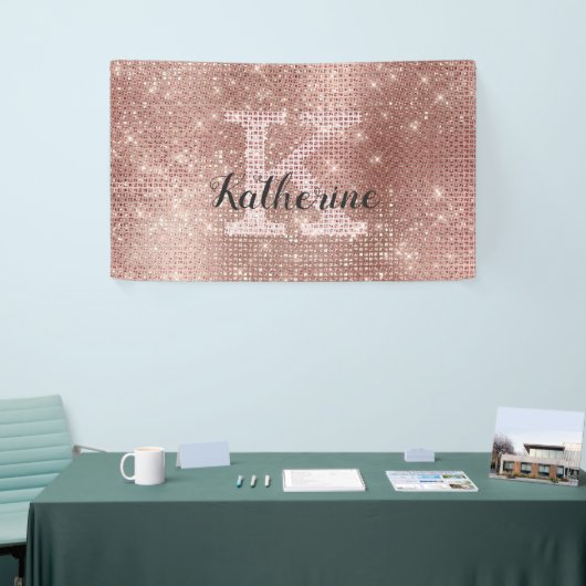 Girly Roos Goud Glitter Sparkle Monogram Naam Dorm Spandoek (Beurs)