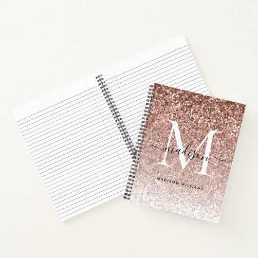 Girly Roos Goud Roze Glitter Sparkle Chic Monogram Notitieboek (Binnen)