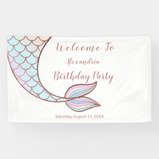 Girly Roos Goud Wit Zeemeermin Staart Pool Verjaar Spandoek (Horizontaal)