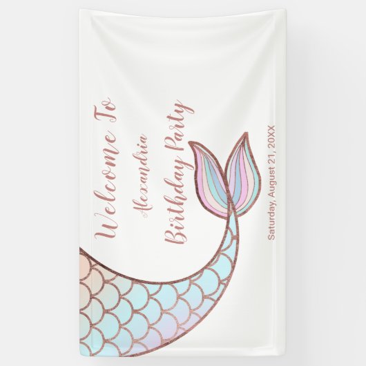 Girly Roos Goud Wit Zeemeermin Staart Pool Verjaar Spandoek (Verticaal)