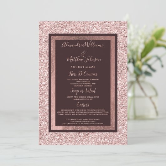 Girly roos gouden bordeaux glitter Bruiloft Menu (Staand voorkant)