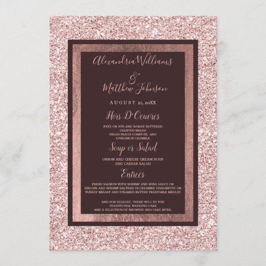 Girly roos gouden bordeaux glitter Bruiloft Menu (Voorkant)