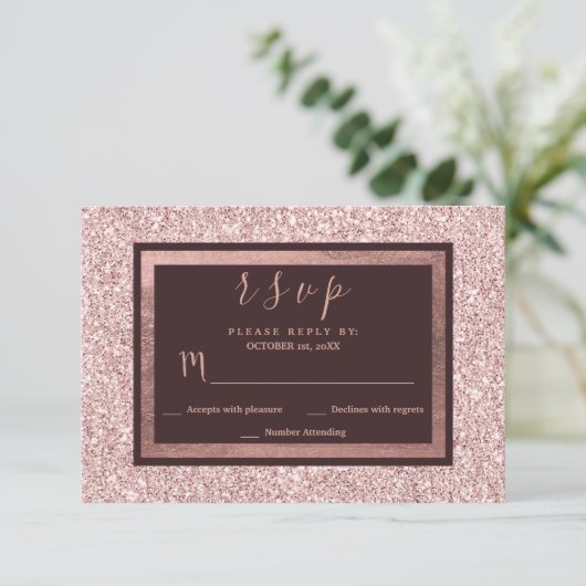 Girly roos gouden bordeaux glitter RSVP (Staand voorkant)