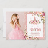 Girly Roos Gouden Eenhoorn Waterverf Rozen Verjaar Kaart (Voorkant)