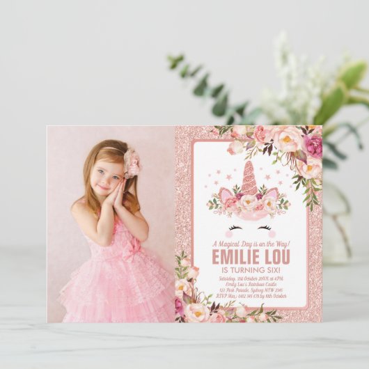 Girly Roos Gouden Eenhoorn Waterverf Rozen Verjaar Kaart (Staand voorkant)