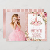 Girly Roos Gouden Eenhoorn Waterverf Rozen Verjaar Kaart (Voorkant / Achterkant)