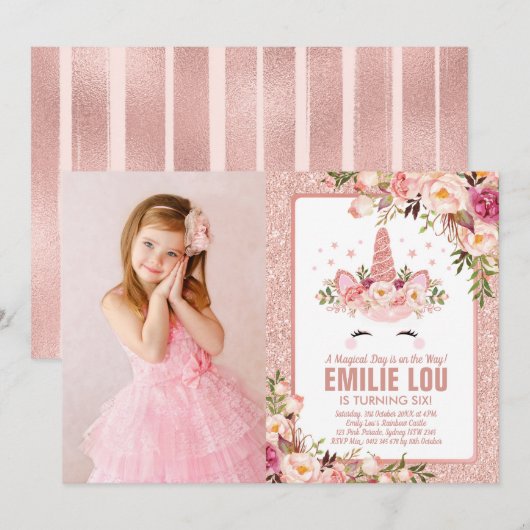 Girly Roos Gouden Eenhoorn Waterverf Rozen Verjaar Kaart (Voorkant / Achterkant)