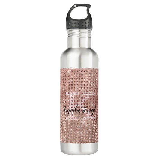 Girly Roos Gouden Glam Diamond Glitter Monogram Na Waterfles (Voorkant)