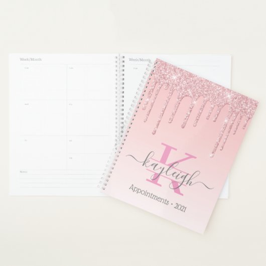 Girly Roos Gouden Glitter Drips Ombre Monogram 202 Planner (Display)