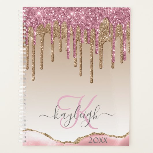 Girly Roos Gouden Glitter Drips Ombre Monogram 202 Planner (Voorkant)