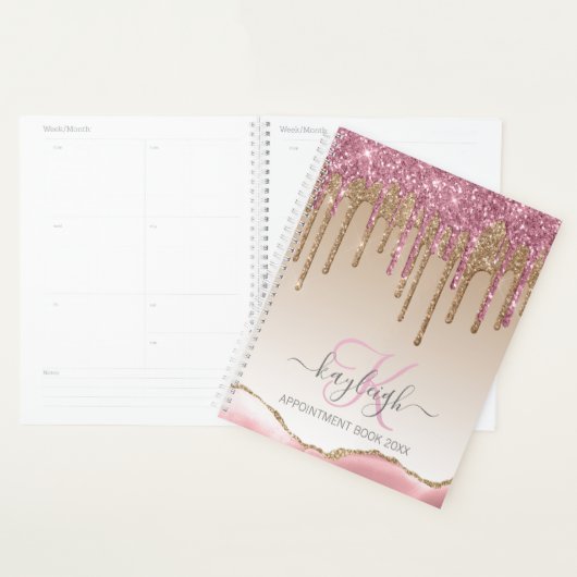 Girly Roos Gouden Glitter Drips Ombre Monogram 202 Planner (Display)