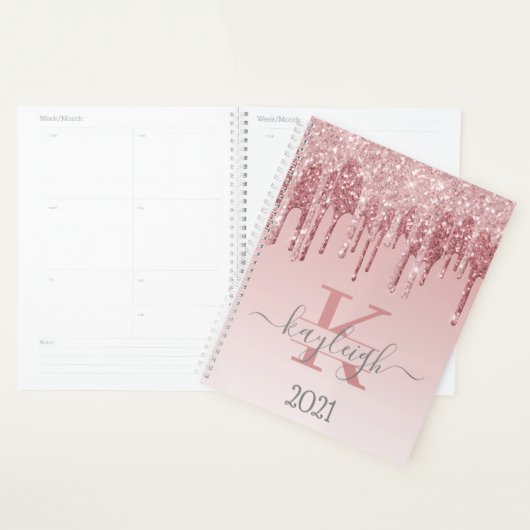 Girly Roos Gouden Glitter Drips Ombre Monogram 202 Planner (Display)