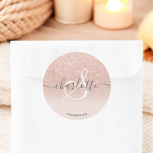Girly roos gouden glitter ombre blush naam monogra ronde sticker