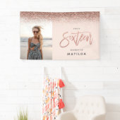 Girly roos gouden glitter roze foto 16e verjaardag spandoek (Insitu)