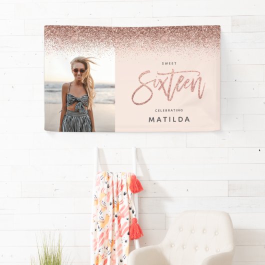 Girly roos gouden glitter roze foto 16e verjaardag spandoek (Insitu)