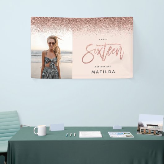 Girly roos gouden glitter roze foto 16e verjaardag spandoek (Beurs)