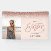 Girly roos gouden glitter roze foto 16e verjaardag spandoek (Horizontaal)