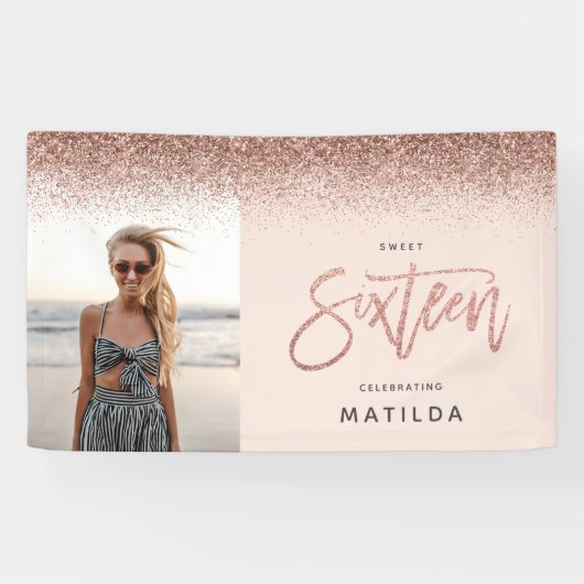 Girly roos gouden glitter roze foto 16e verjaardag spandoek (Horizontaal)