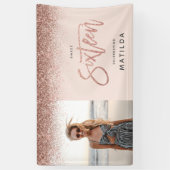Girly roos gouden glitter roze foto 16e verjaardag spandoek (Verticaal)