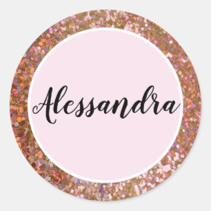 Girly Roos Paarse Glitter Naam Classic Ronde Sticker