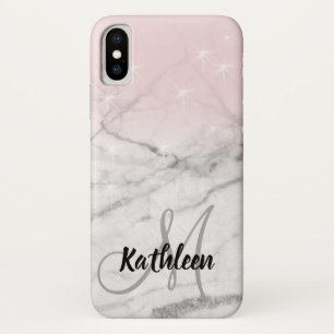 Girly Roos Pink Grey Marble Monogram Naam Case-Mate iPhone Case