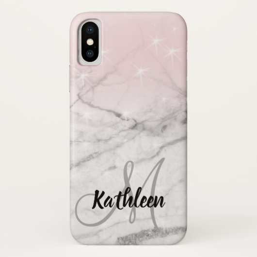 Girly Roos Pink Grey Marble Monogram Naam Case-Mate iPhone Case (Achterkant)
