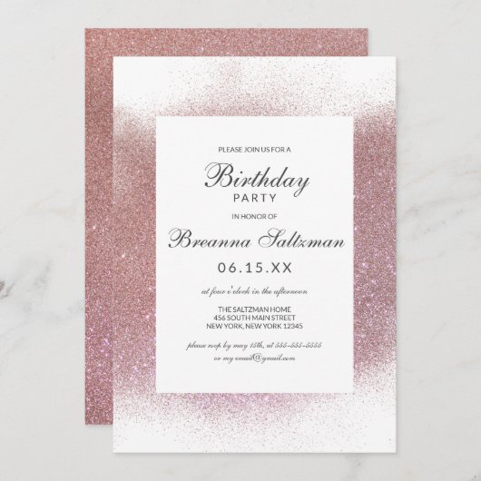 Girly Roos Pink White Glitter Dust Border Birthday Kaart (Voorkant / Achterkant)