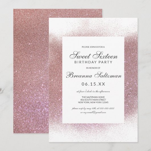Girly Roos Pink White Glitter Dust Border Sweet 16 Kaart (Voorkant / Achterkant)