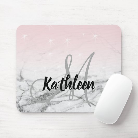 Girly Roos Roze Grijs Marmer Monogram Naam Muismat (Met muis)