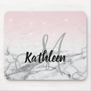 Girly Roos Roze Grijs Marmer Monogram Naam Muismat