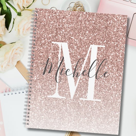Girly Rose Gold Blush Pink Glitter Monogram Name Notitieboek