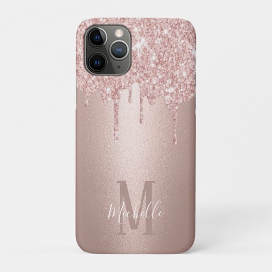 Girly Rose Gold Glitter Drips Script Name Monogram Case-Mate iPhone Case (Achterkant)