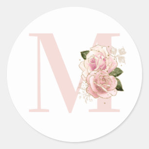Girly Rose Goud Glitter Bloemige Blush Monogram Ronde Sticker