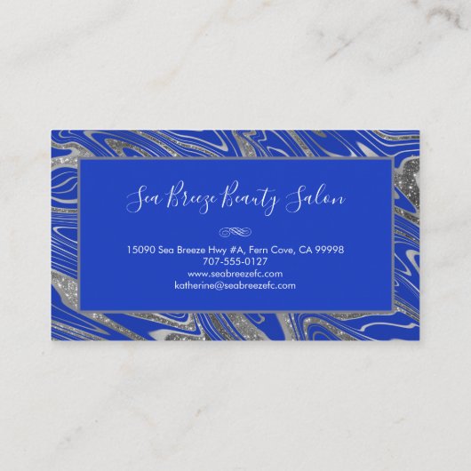 Girly Royal Blue Silver Marble Glitter Monogram Visitekaartje (Achterkant)