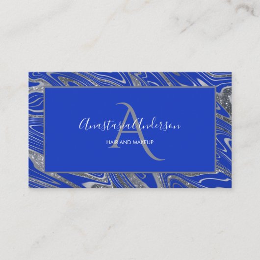 Girly Royal Blue Silver Marble Glitter Monogram Visitekaartje (Voorkant)