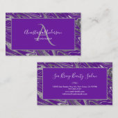 Girly Royal Paars Silver Marble Glitter Monogram Visitekaartje (Voorkant / Achterkant)