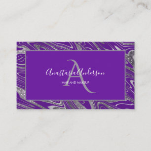 Girly Royal Paars Silver Marble Glitter Monogram Visitekaartje