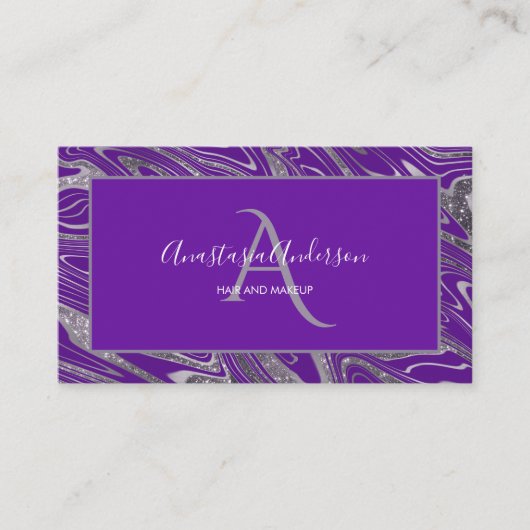 Girly Royal Paars Silver Marble Glitter Monogram Visitekaartje (Voorkant)
